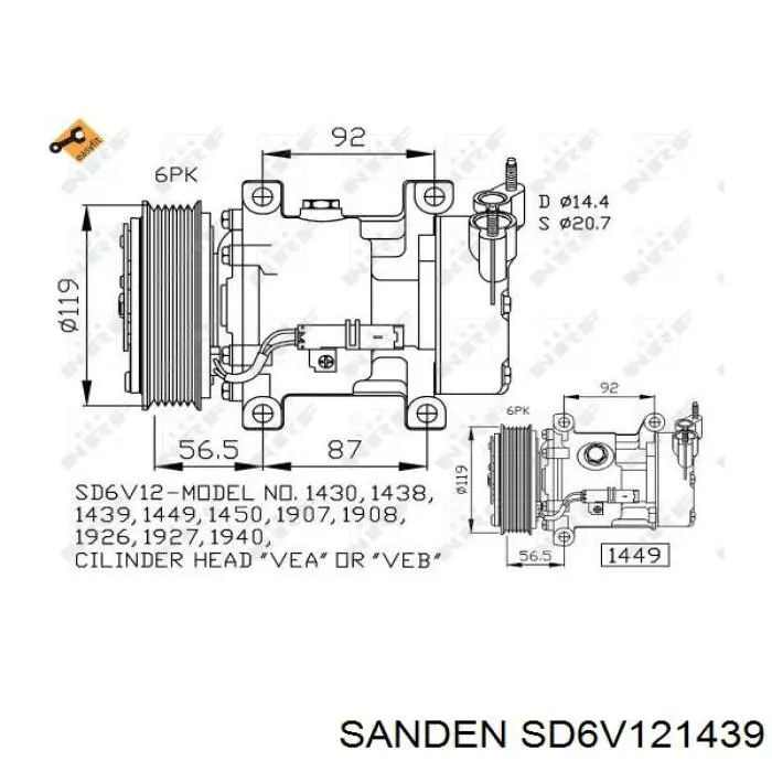 Компрессор кондиционера SD6V121439 Sanden