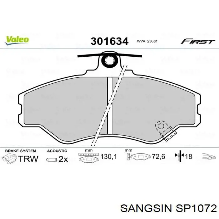 SP1072 Sangsin передние тормозные колодки