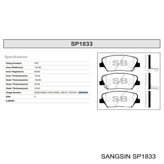Купить SP1833 Sangsin Колодки тормозные
