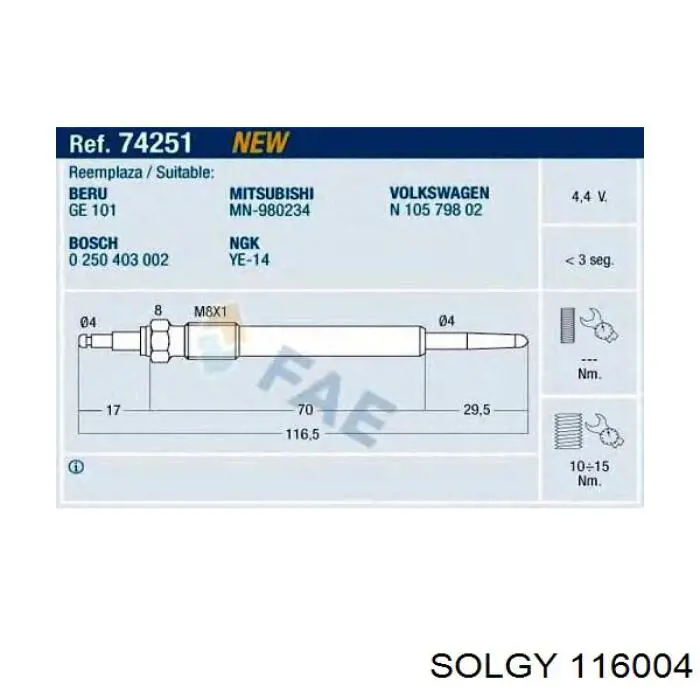 Свечи накала 116004 Solgy