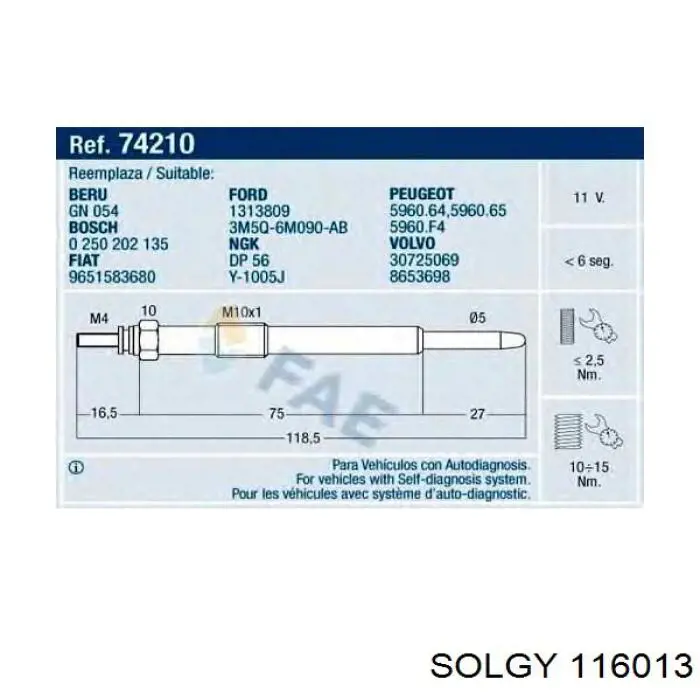 Свечи накала 116013 Solgy
