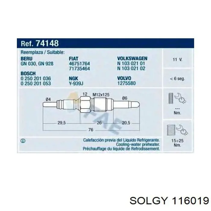 116019 Solgy Свечи накаливания