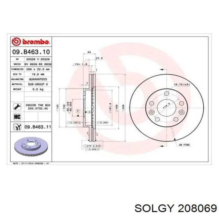 Передние тормозные диски 208069 Solgy