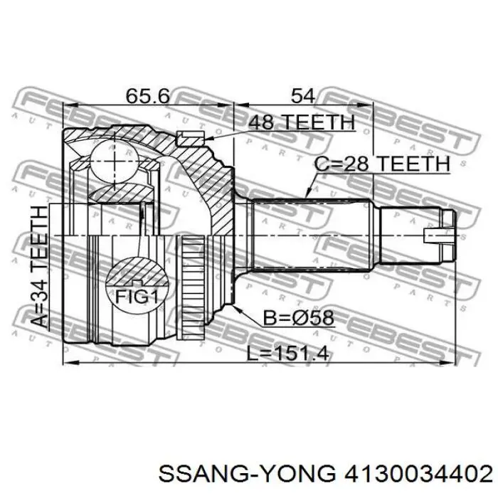 4130034402 Ssang Yong Полуось передняя, правая