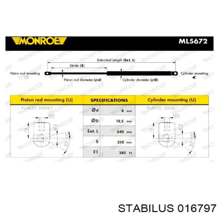 Газовый упор багажника Stabilus 016797