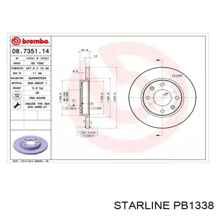 Передний тормозной диск Starline PB1338