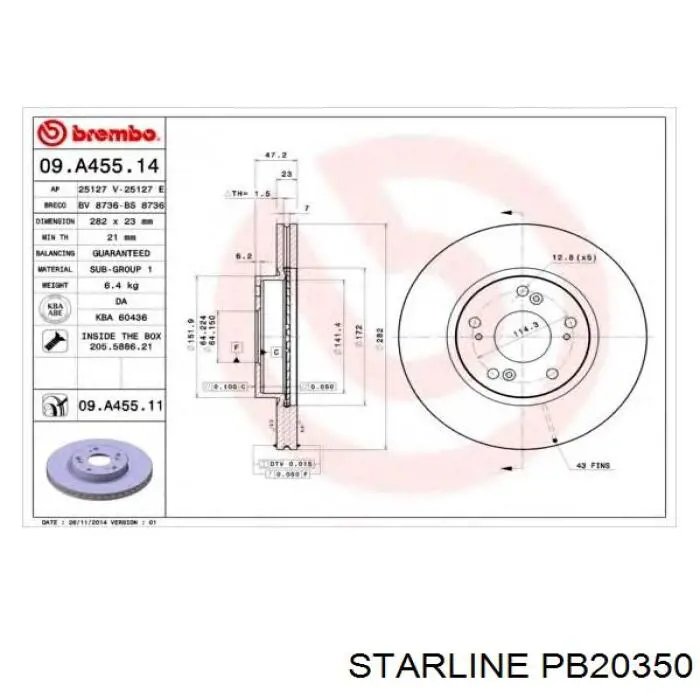 Передние тормозные диски PB20350 Starline