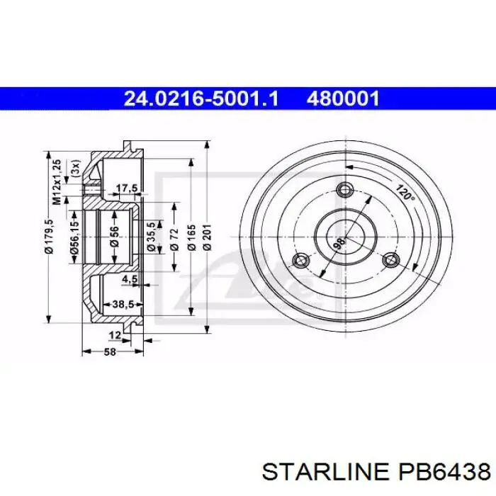 PB6438 Starline Тормозной барабан