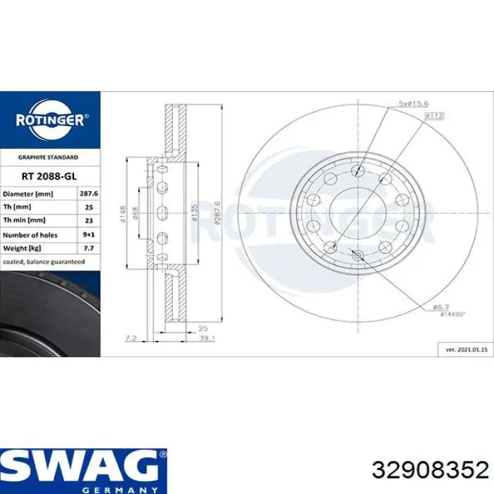 Передний тормозной диск Swag 32908352