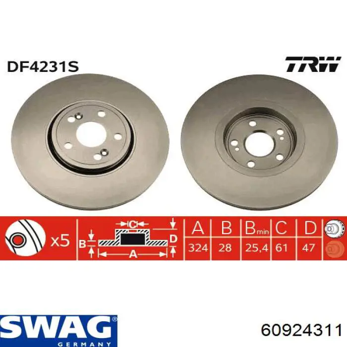 Передние тормозные диски 60924311 Swag
