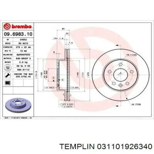 Передние тормозные диски 031101926340 Templin