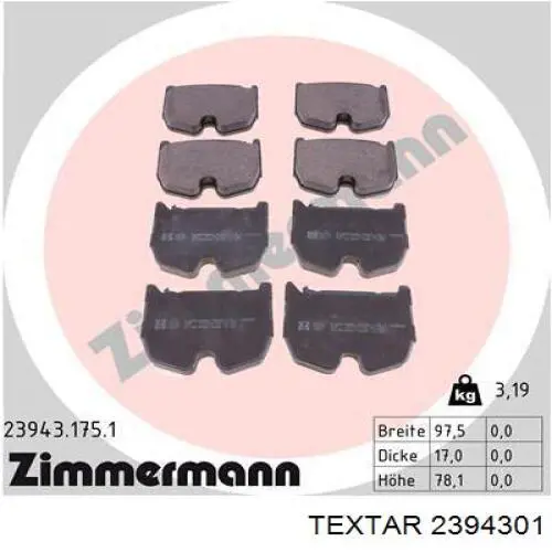 Передние тормозные колодки 2394301 Textar