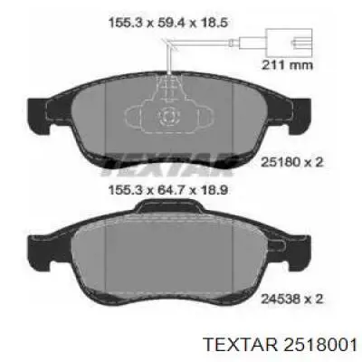 Передние тормозные колодки 2518001 Textar