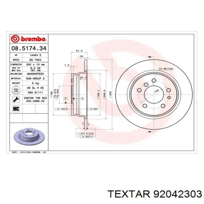 Купить 92042303 Textar Диск тормозной задний