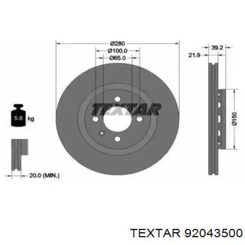 92043500 Textar диск тормозной передний