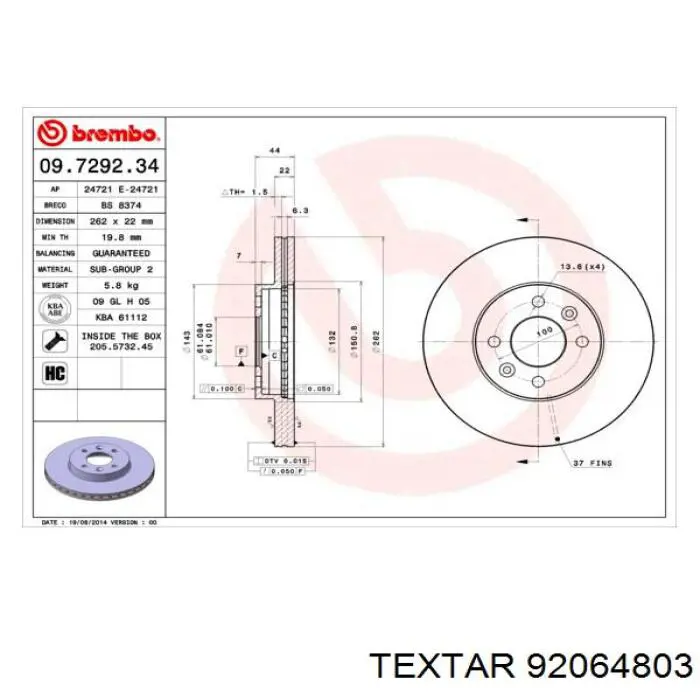 Купить 92064803 Textar Ротор тормозной