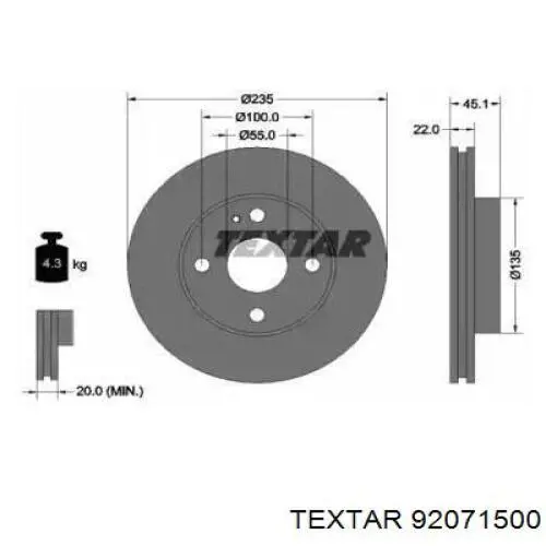 92071500 Textar диск тормозной передний