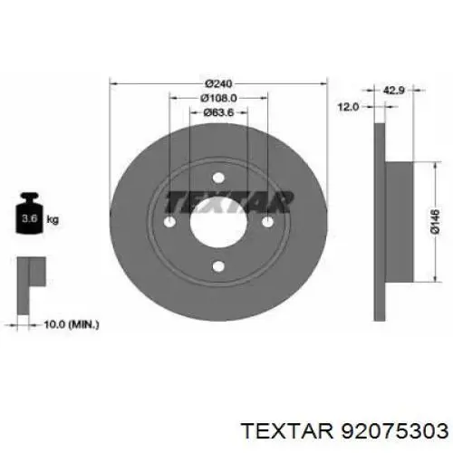 92075303 Textar диск тормозной передний