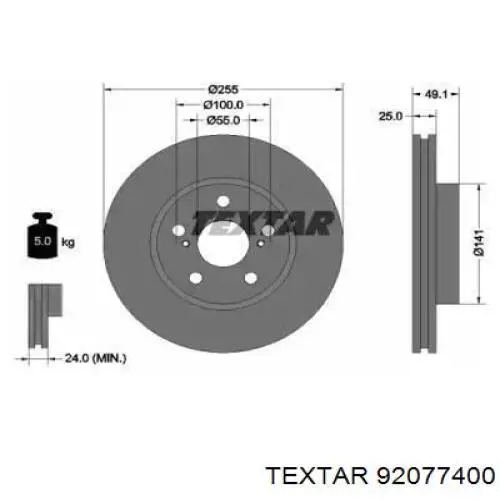 92077400 Textar Диск тормозной передний