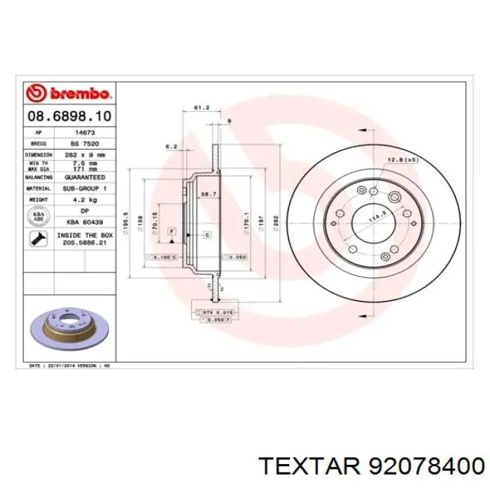 Disco de freno trasero 92078400 Textar