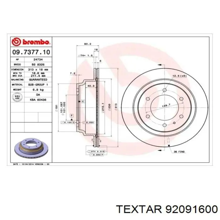 Тормозные диски 92091600 Textar