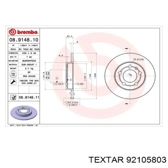 Задний дисковый тормоз Textar 92105803