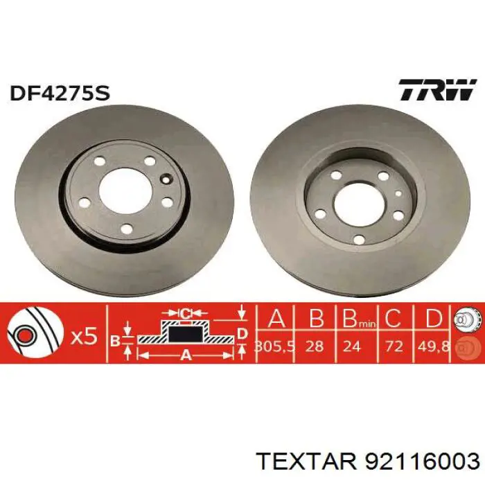 Тормоз дисковый передний Textar 92116003 цена, от 41.31 USD