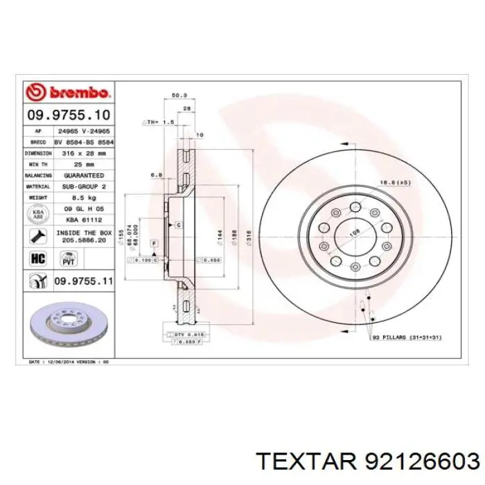 Тормоз дисковый передний Textar 92126603 цена, от 54.43 USD