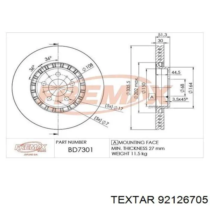 92126705 Textar Диск тормозной передний