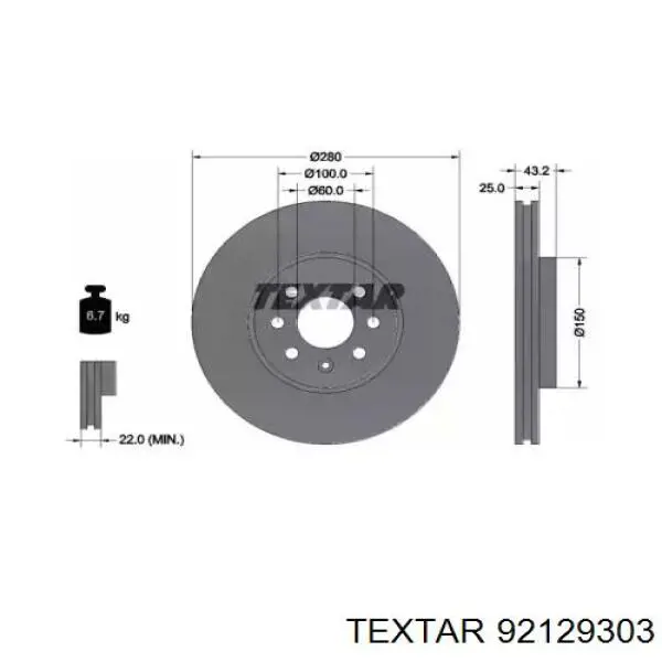 92129303 Textar диск тормозной передний
