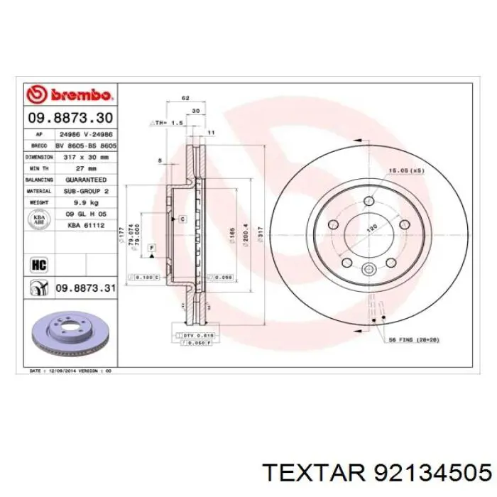 Передний тормозной диск Textar 92134505