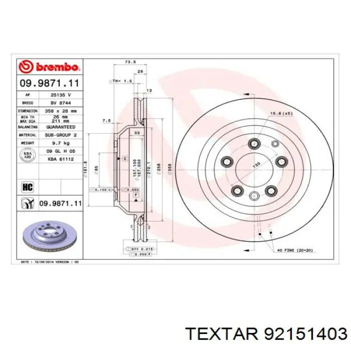 Купить 92151403 Textar Диск тормозной задний
