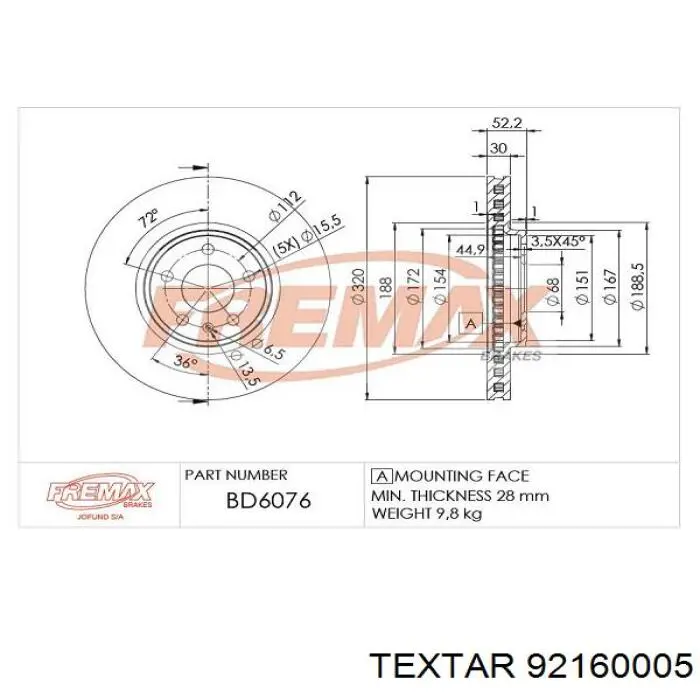 92160005 Textar Диск тормозной передний
