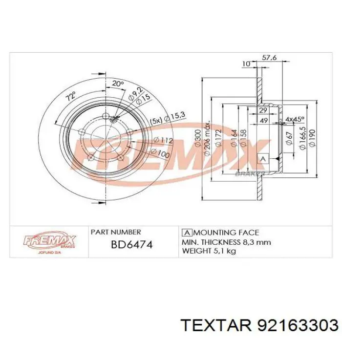 92163303 Textar Дисковый тормоз