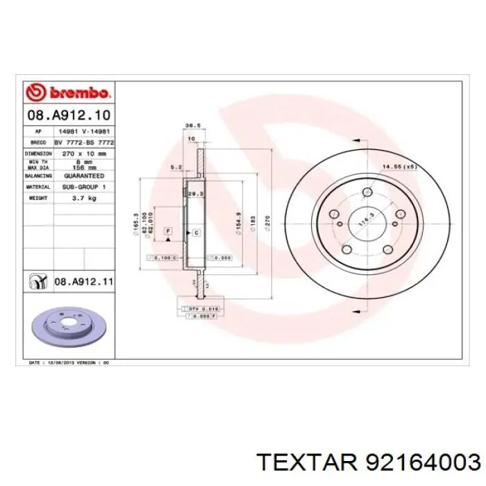 Купить 92164003 Textar Диск тормозной задний