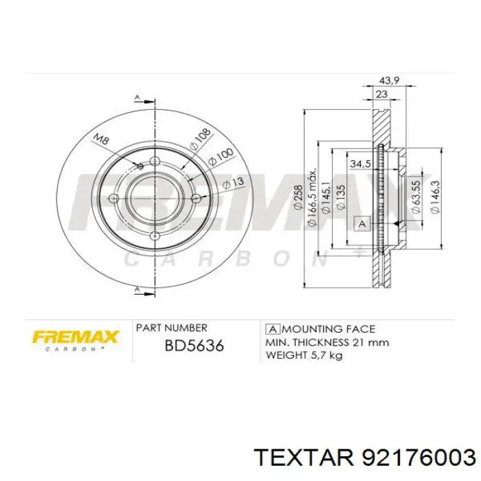 92176003 Textar Диск тормозной передний