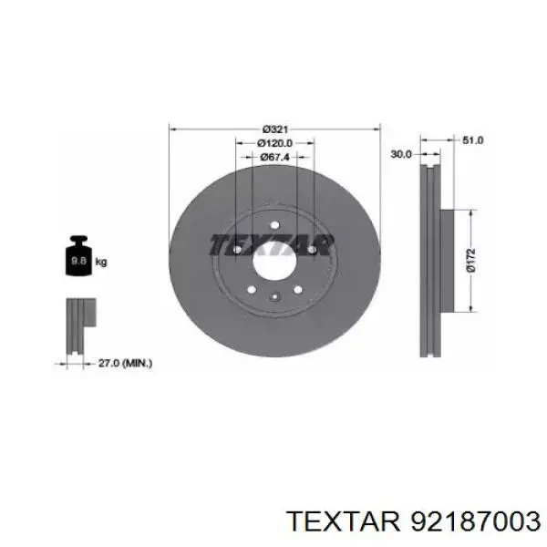 Передние тормозные диски 92187003 Textar