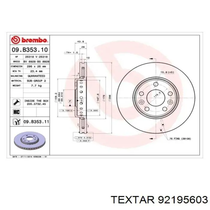 Передний тормозной диск Textar 92195603
