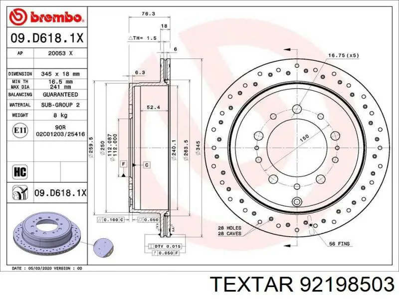 Купить 92198503 Textar Диск тормозной задний