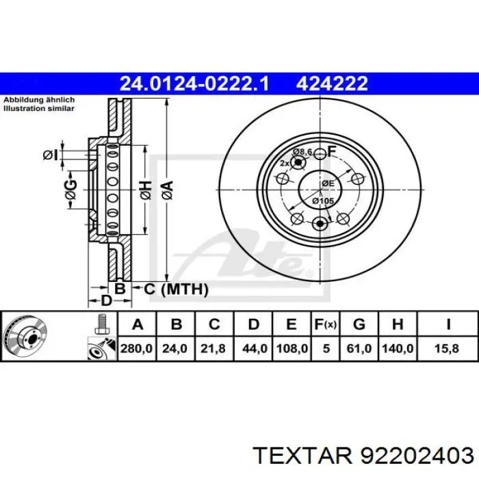 Тормоз дисковый передний Textar 92202403 цена, от 56.03 USD