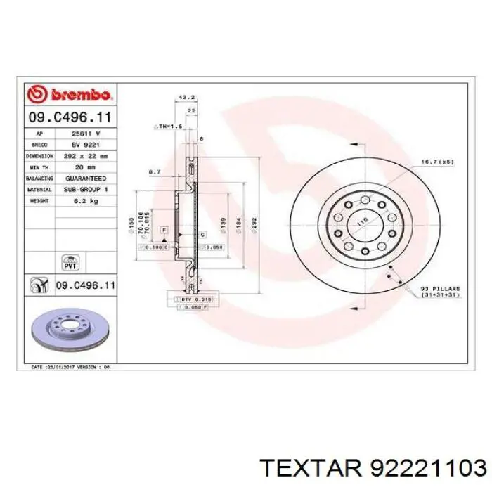 Купить 92221103 Textar Диск тормозной задний