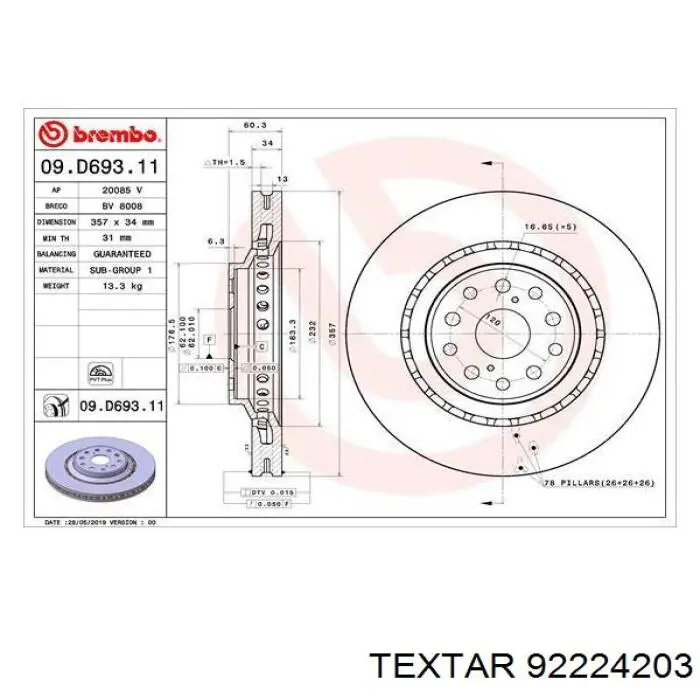 Тормоз дисковый передний Textar 92224203 цена, от 84.99 USD