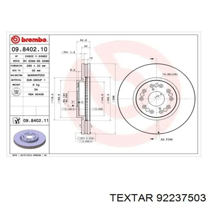 Тормоз дисковый передний Textar 92237503 цена, от 65.62 USD