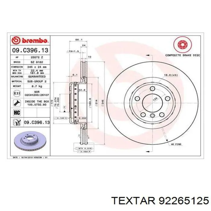 Купить 92265125 Textar Диск тормозной задний