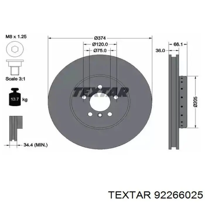 92266025 Textar disco do freio dianteiro