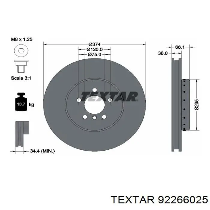 Тормоз дисковый передний Textar 92266025 цена, от 214.62 USD