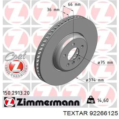 Тормоз дисковый передний Textar 92266125 цена, от 213.13 USD