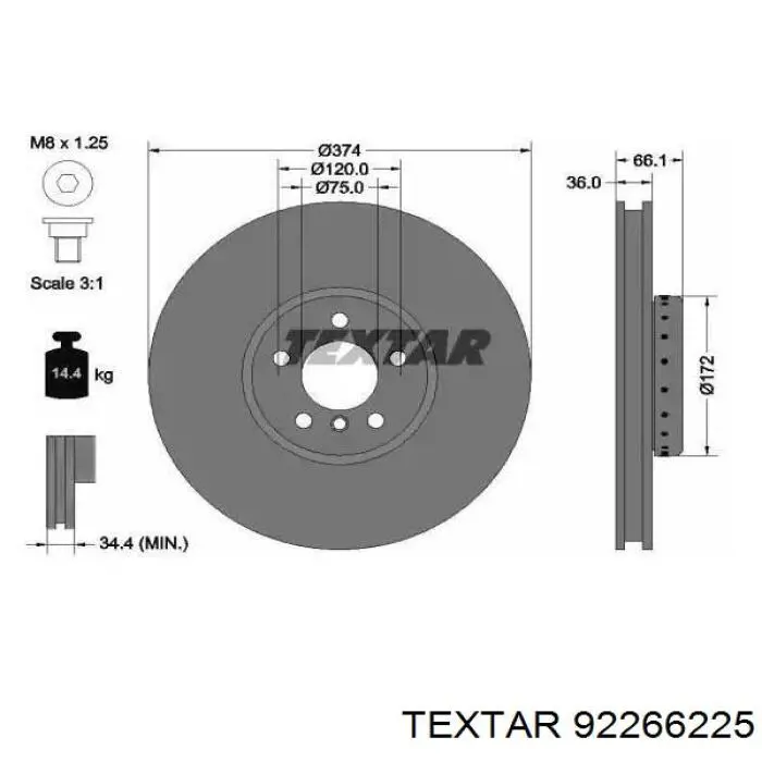 92266225 Textar disco do freio dianteiro