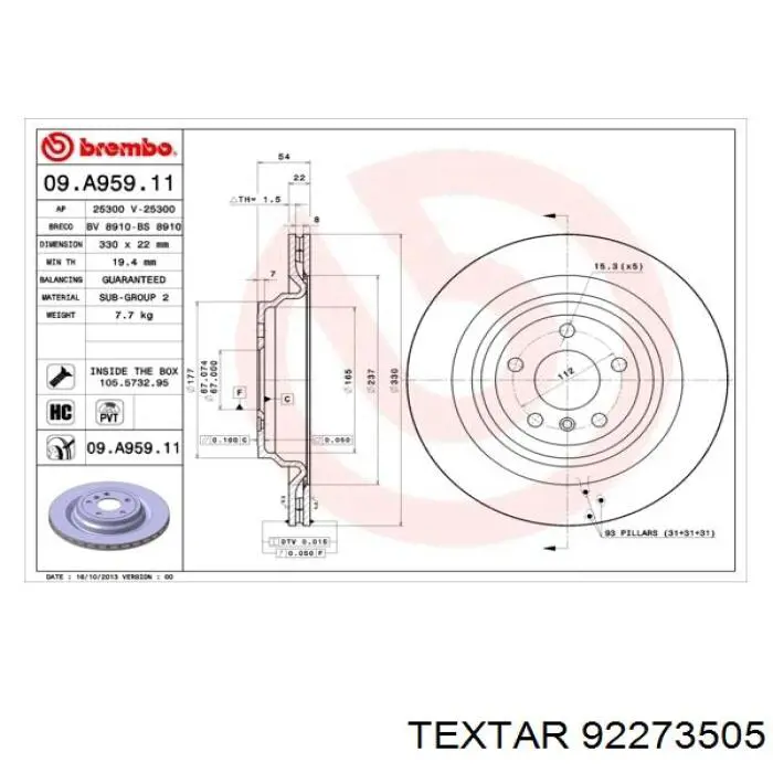 Купить 92273505 Textar Диск тормозной задний