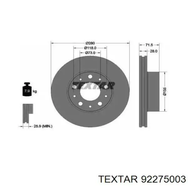 92275003 Textar диск тормозной передний